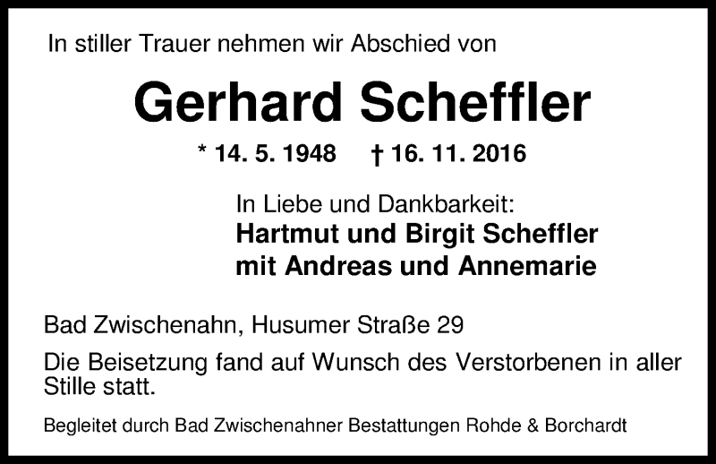  Traueranzeige für Gerhard Scheffler vom 25.11.2016 aus Nordwest-Zeitung