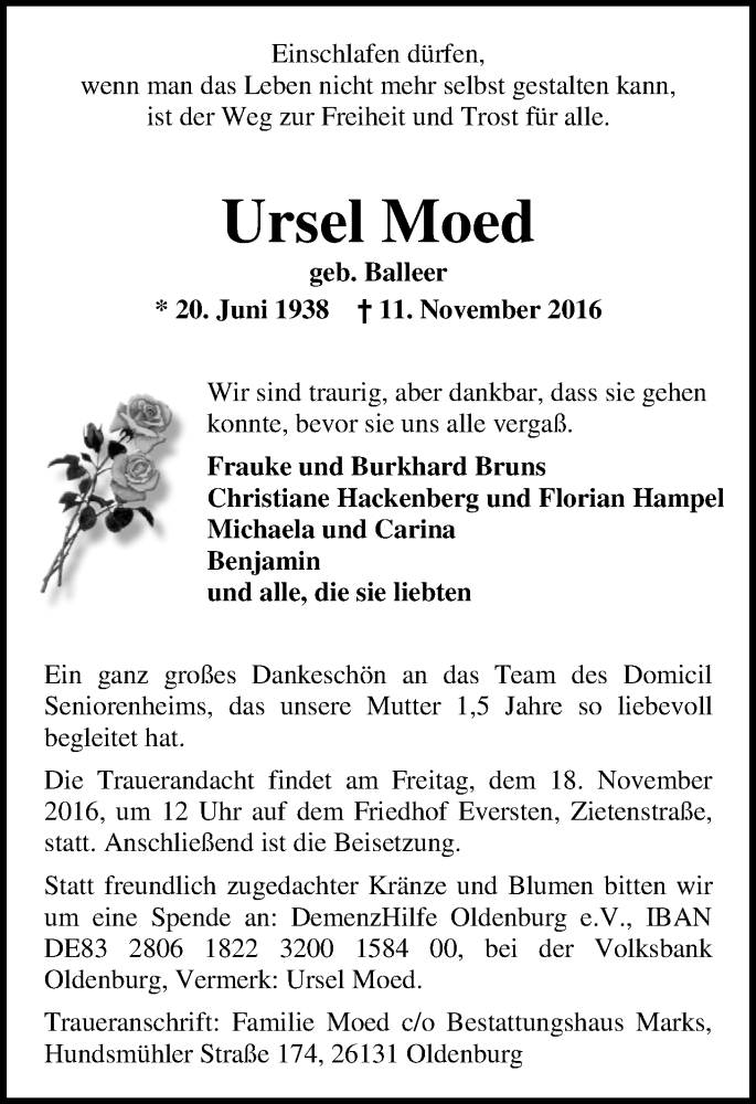  Traueranzeige für Ursel Moed vom 15.11.2016 aus Nordwest-Zeitung