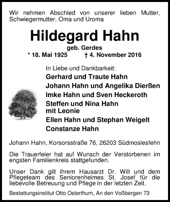 Traueranzeige von Hildegard Hahn von Nordwest-Zeitung
