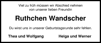Traueranzeige von Ruth Wandscher von Nordwest-Zeitung
