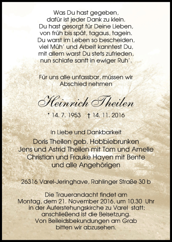 Traueranzeige von Heinrich Theilen von Nordwest-Zeitung
