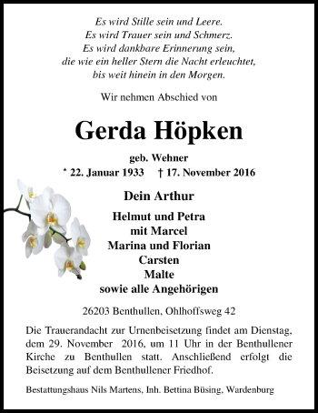 Traueranzeige von Gerda Höpken von Nordwest-Zeitung