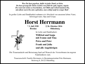 Traueranzeige von Horst Herrmann von Nordwest-Zeitung