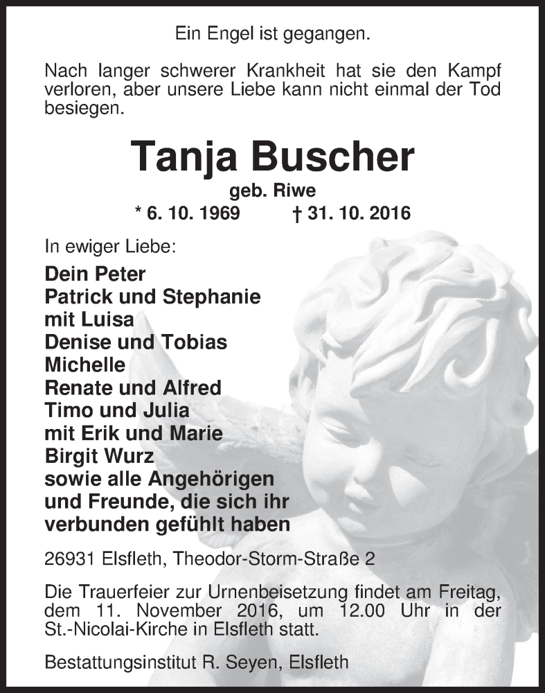  Traueranzeige für Tanja Buscher vom 05.11.2016 aus Nordwest-Zeitung