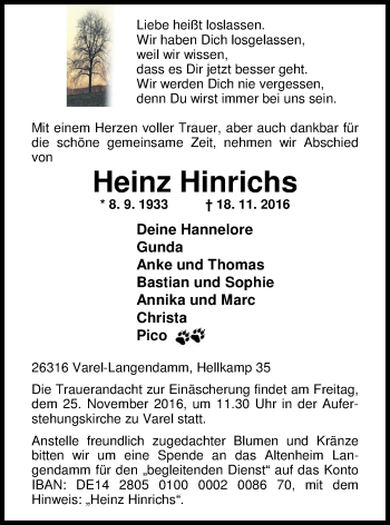 Traueranzeige von Heinz Hinrichs von Nordwest-Zeitung