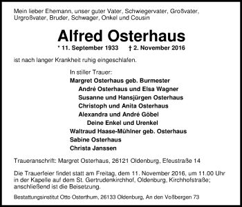 Traueranzeige von Alfred Osterhaus von Nordwest-Zeitung