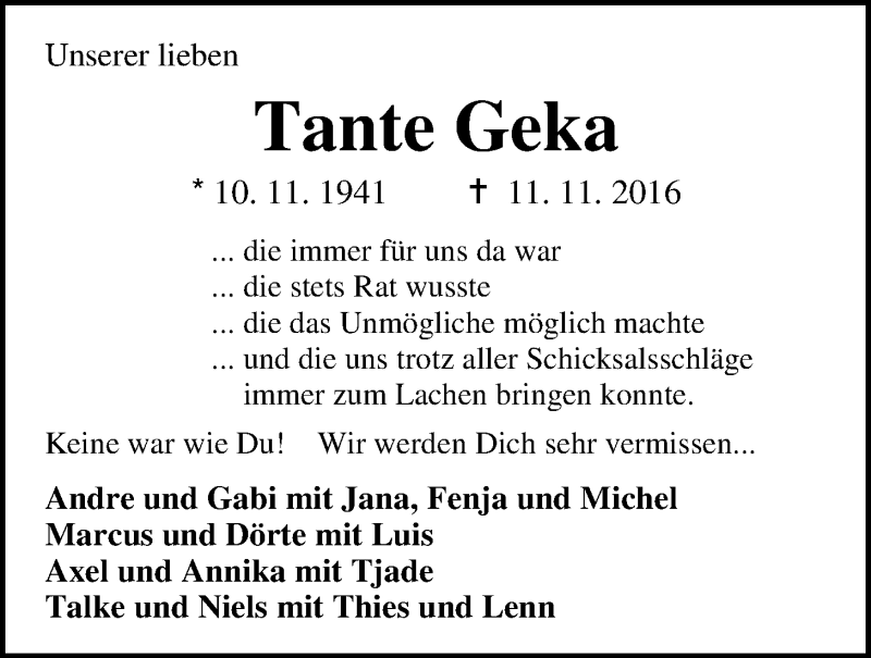  Traueranzeige für Angelika Oetken vom 23.11.2016 aus Nordwest-Zeitung