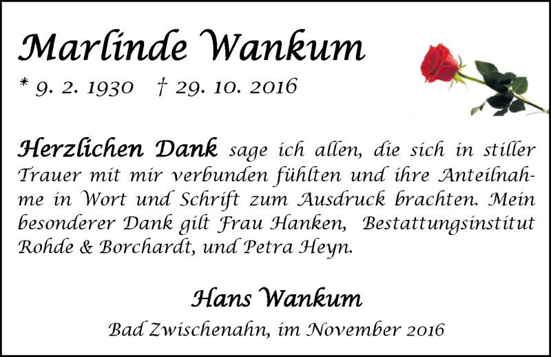  Traueranzeige für Marlinde Wankum vom 24.11.2016 aus Nordwest-Zeitung