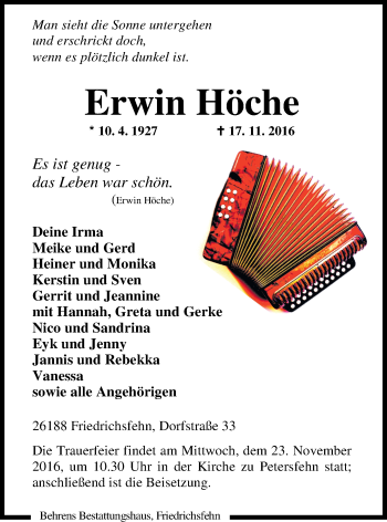 Traueranzeige von Erwin Höche von Nordwest-Zeitung