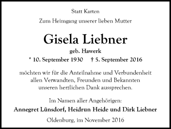 Traueranzeige von Gisela Liebner von Nordwest-Zeitung
