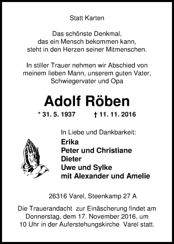 Traueranzeige von Adolf Röben von Nordwest-Zeitung