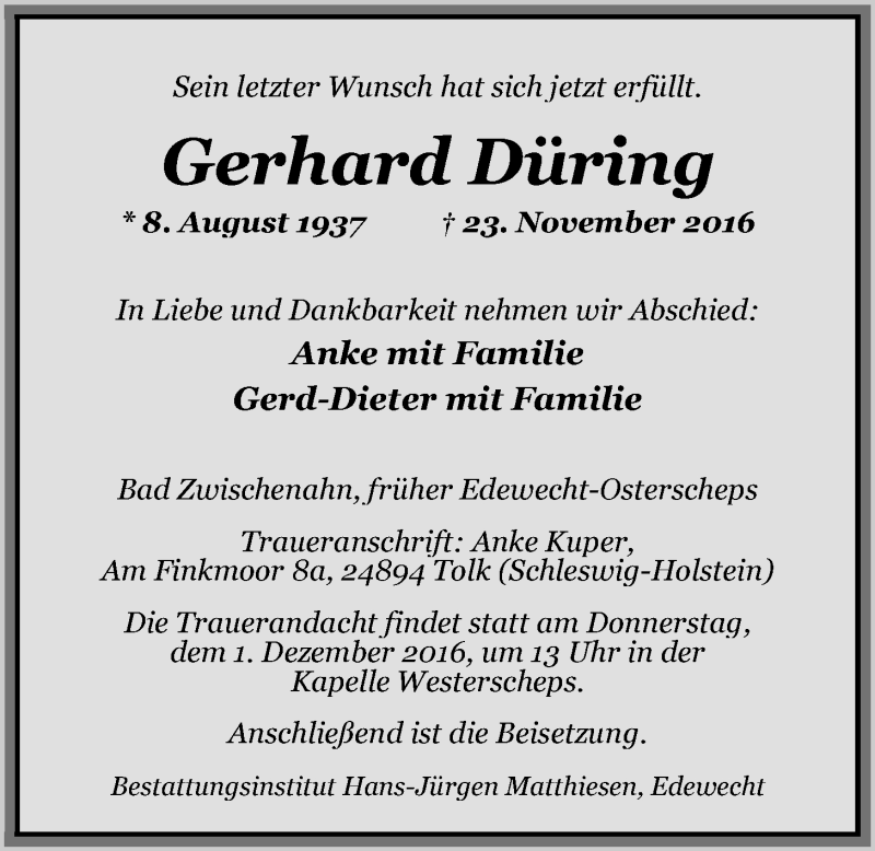  Traueranzeige für Gerhard Düring vom 26.11.2016 aus Nordwest-Zeitung