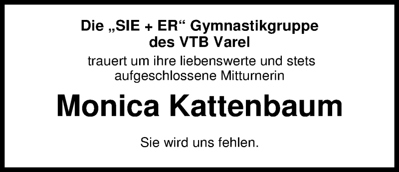  Traueranzeige für Monica Kattenbaum vom 23.11.2016 aus Nordwest-Zeitung