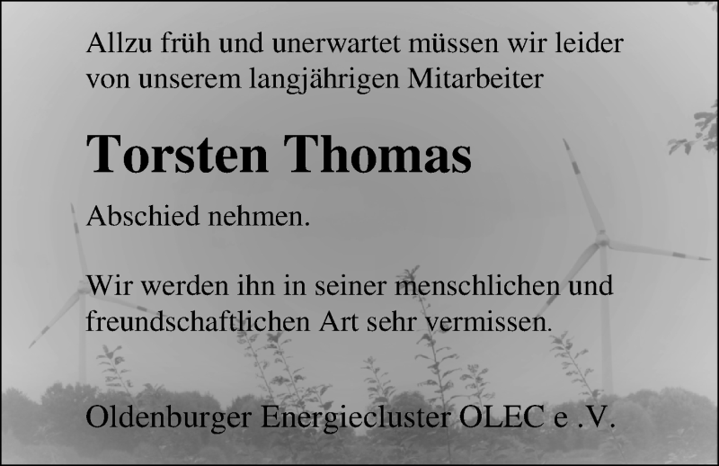  Traueranzeige für Torsten Thomas vom 25.11.2016 aus Nordwest-Zeitung
