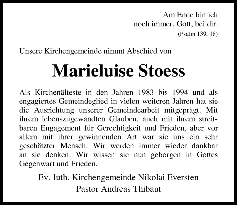  Traueranzeige für Marieluise Stoess vom 05.11.2016 aus Nordwest-Zeitung