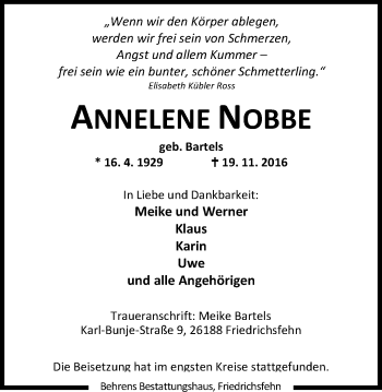 Traueranzeige von Annelene Nobbe von Nordwest-Zeitung