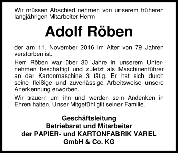 Traueranzeige von Adolf Röben von Nordwest-Zeitung