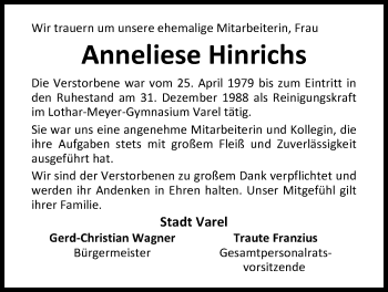 Traueranzeige von Anneliese Hinrichs von Nordwest-Zeitung