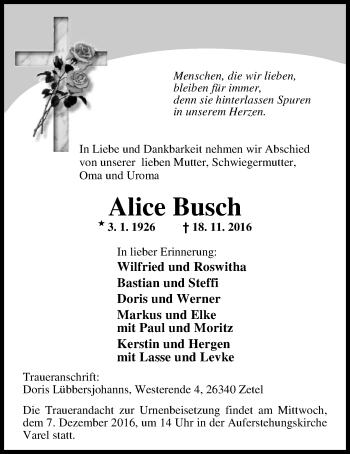 Traueranzeige von Alice Busch von Nordwest-Zeitung