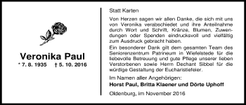 Traueranzeige von Veronika (Roni) Paul von Nordwest-Zeitung