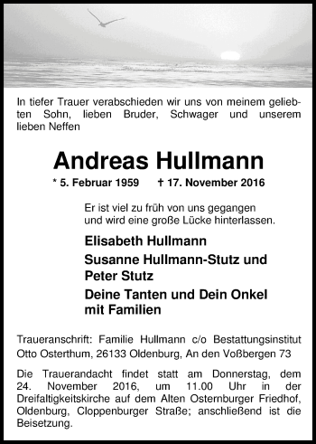 Traueranzeige von Andreas Hullmann von Nordwest-Zeitung