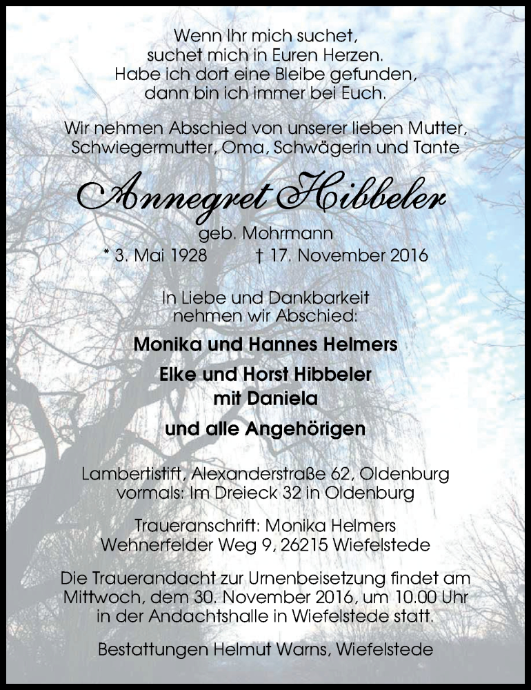  Traueranzeige für Annegret Hibbeler vom 23.11.2016 aus Nordwest-Zeitung