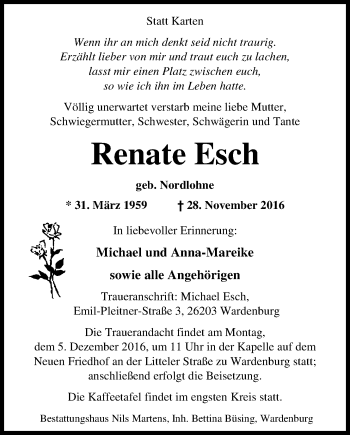 Traueranzeige von Renate Esch von Nordwest-Zeitung