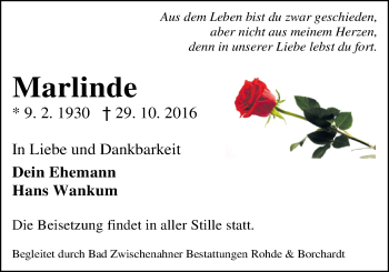 Traueranzeige von Marlinde Wankum von Nordwest-Zeitung