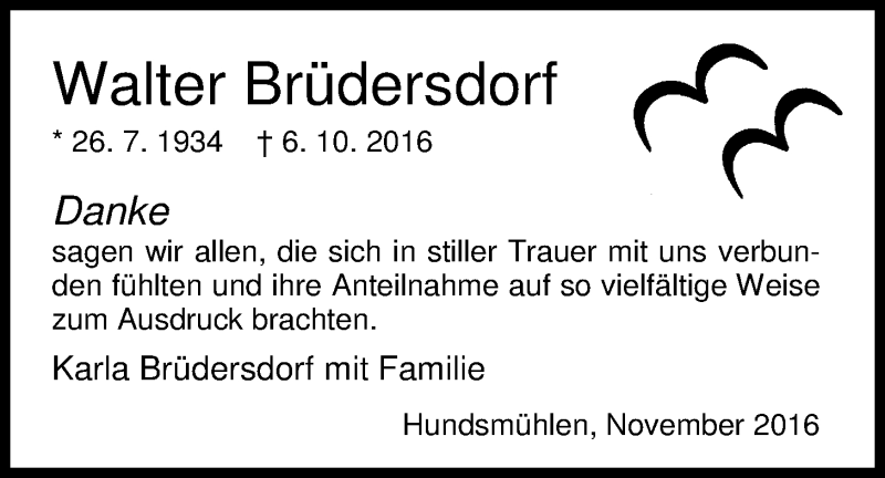  Traueranzeige für Walter Brüdersdorf vom 19.11.2016 aus Nordwest-Zeitung