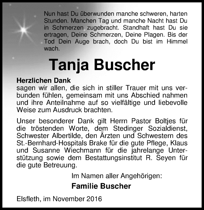  Traueranzeige für Tanja Buscher vom 19.11.2016 aus Nordwest-Zeitung