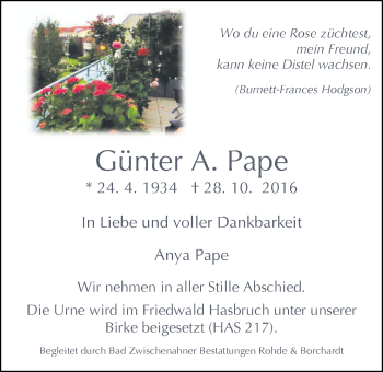 Traueranzeige von Günter Pape von Nordwest-Zeitung