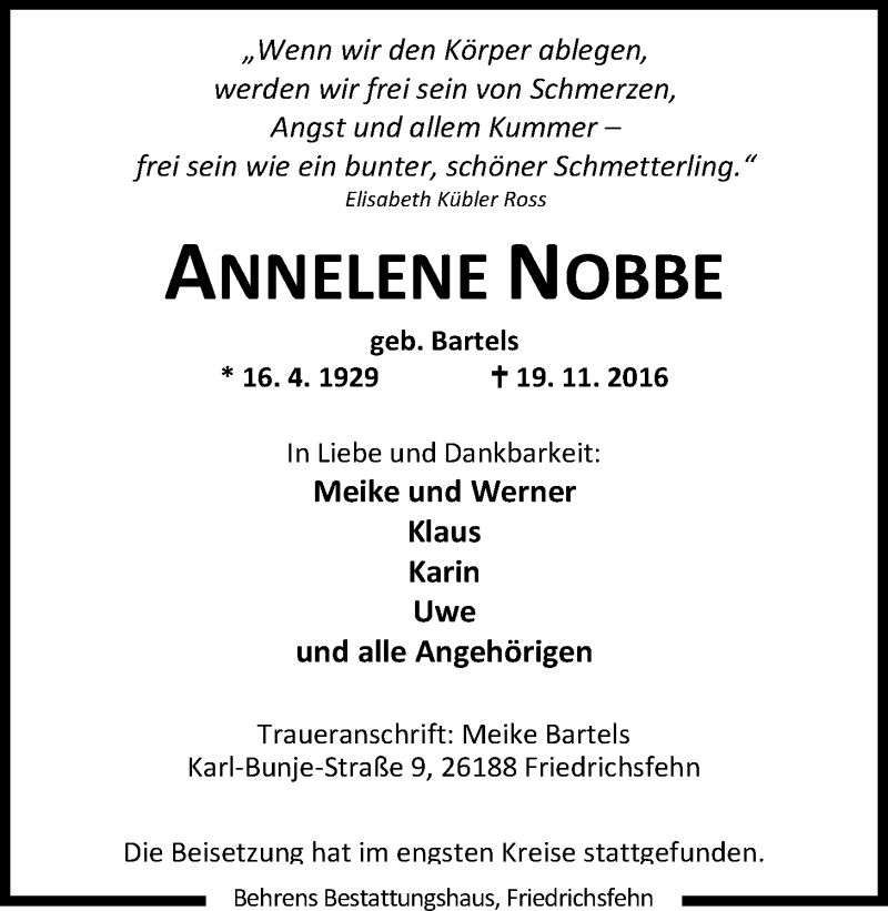  Traueranzeige für Annelene Nobbe vom 29.11.2016 aus Nordwest-Zeitung