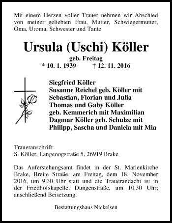 Traueranzeige von Ursula Köller von Nordwest-Zeitung