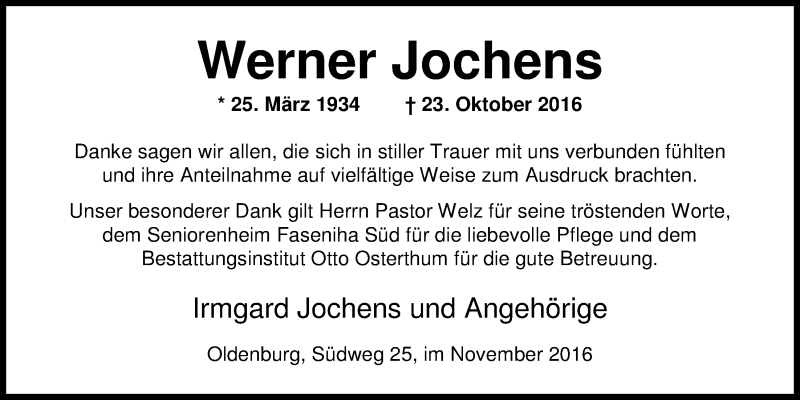  Traueranzeige für Werner Jochens vom 19.11.2016 aus Nordwest-Zeitung