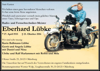 Traueranzeige von Eberhard Lübke von Nordwest-Zeitung