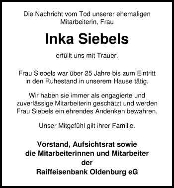 Traueranzeige von Inka Siebels von Nordwest-Zeitung