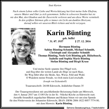 Traueranzeige von Karin Bünting von Nordwest-Zeitung