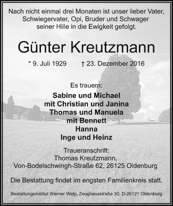 Traueranzeige von Günter Kreutzmann von Nordwest-Zeitung