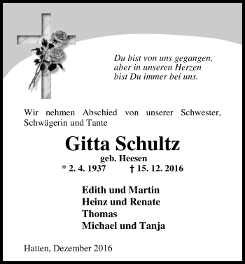 Traueranzeige von Birgitta Schultz von Nordwest-Zeitung