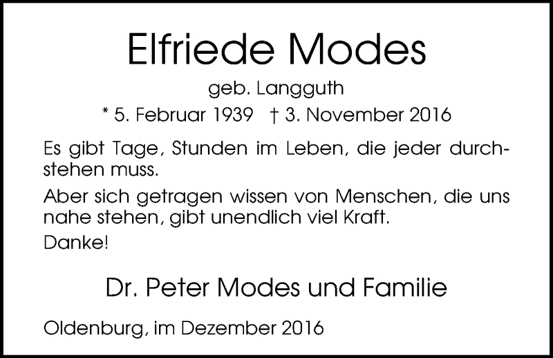  Traueranzeige für Elfriede Modes vom 23.12.2016 aus Nordwest-Zeitung