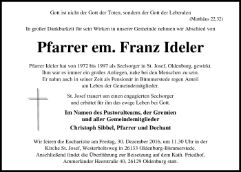 Traueranzeige von Franz Ideler von Nordwest-Zeitung