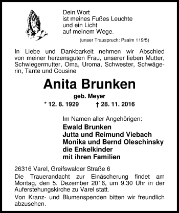 Traueranzeige von Anita Brunken von Nordwest-Zeitung