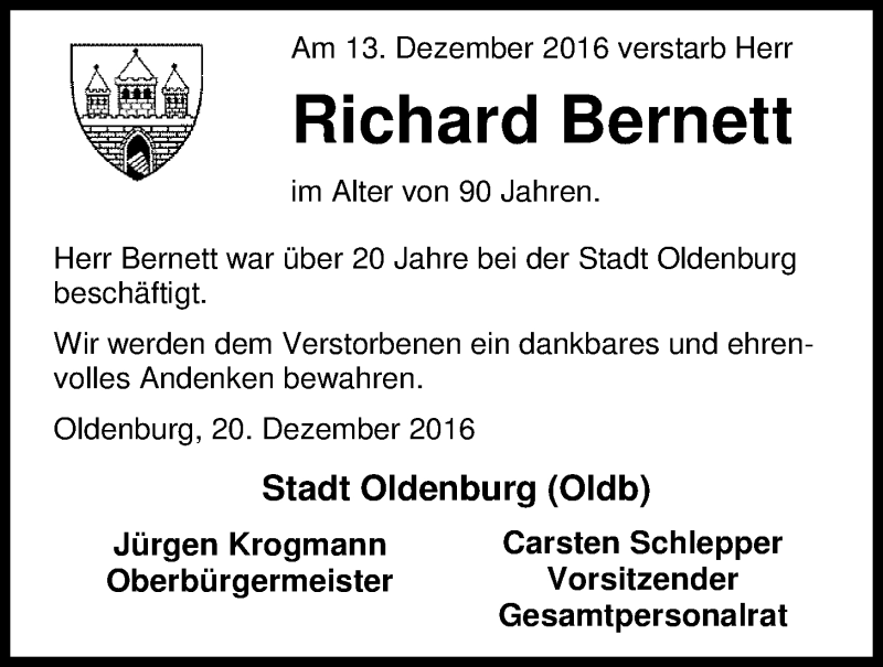  Traueranzeige für Richard Bernett vom 20.12.2016 aus Nordwest-Zeitung