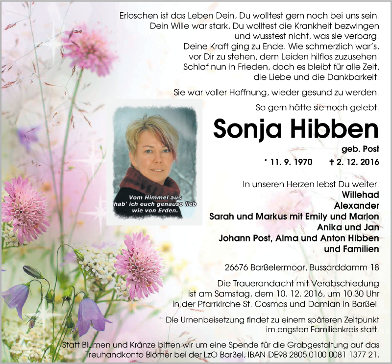  Traueranzeige für Sonja Hibben vom 06.12.2016 aus Nordwest-Zeitung