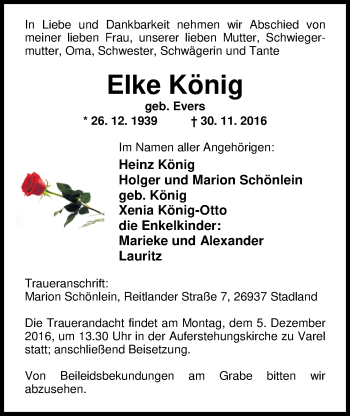 Traueranzeige von Elke König von Nordwest-Zeitung