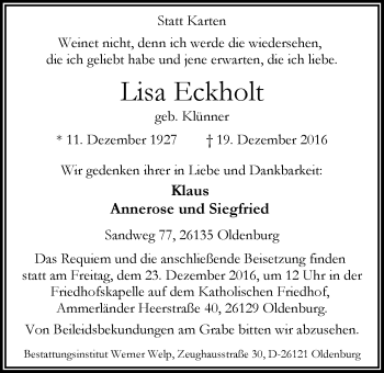 Traueranzeige von Elisabeth Eckholt von Nordwest-Zeitung