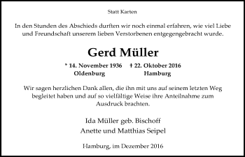 Traueranzeige von Gerd Müller von Nordwest-Zeitung