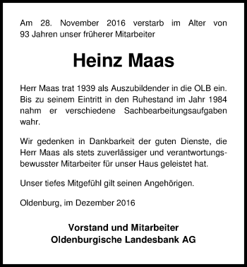 Traueranzeige von Heinz Maas von Nordwest-Zeitung