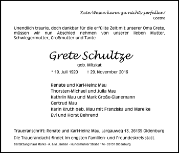 Traueranzeige von Grete Schultze von Nordwest-Zeitung