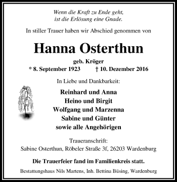 Traueranzeige von Hanna Osterthun von Nordwest-Zeitung
